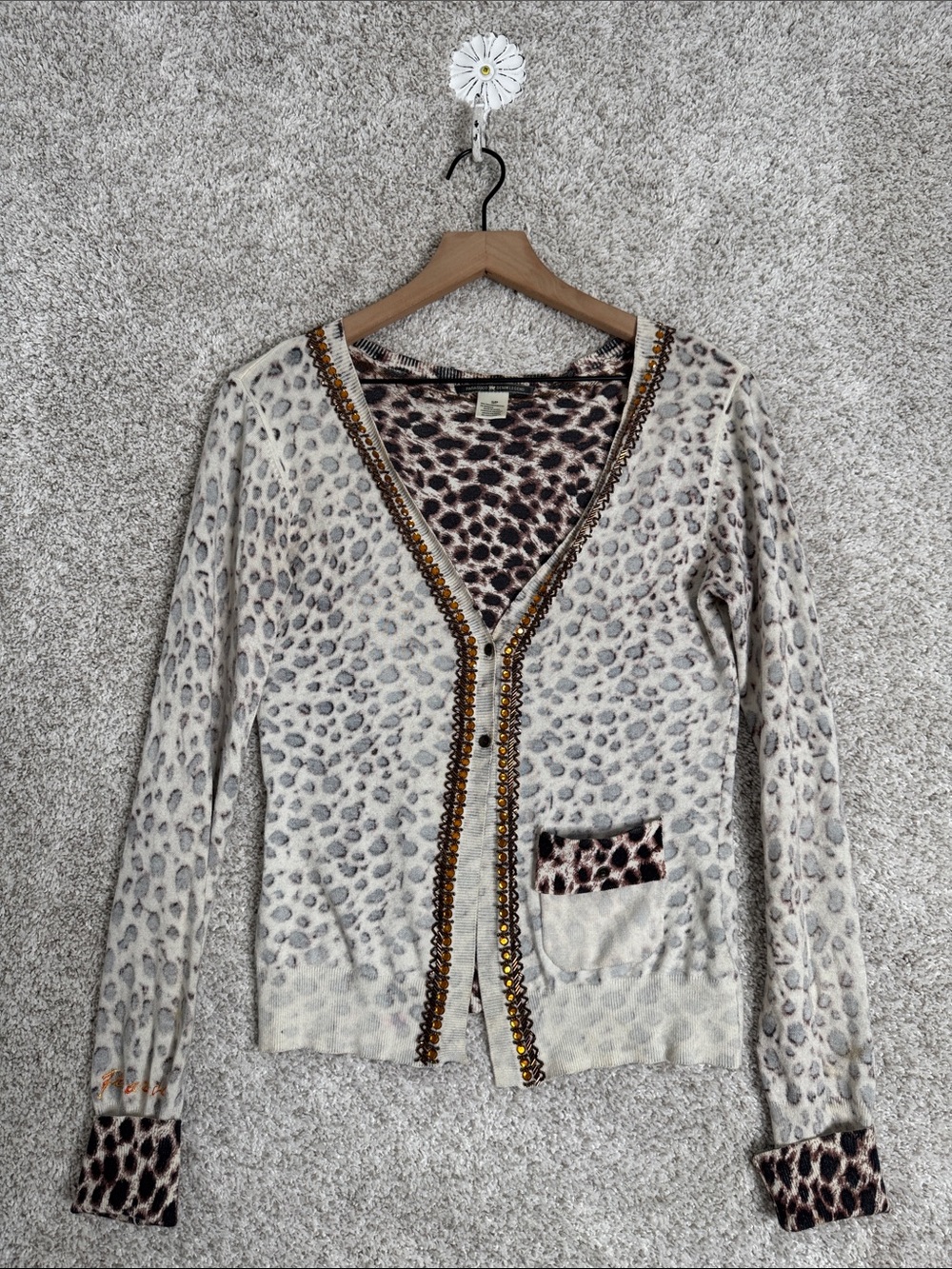 Parasuco Retro animal print Cropped Long‎ Sleeve Cardigan Sweater Small